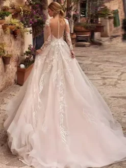 Wedding Dress Designed Neckline Long Sleeves With Train Tulle Bridal Gowns