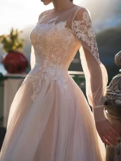Wedding Dresses 2026 A Line Illusion Neck Long Sleeve Floor Length Tulle Pleated Bridal Dress With Train