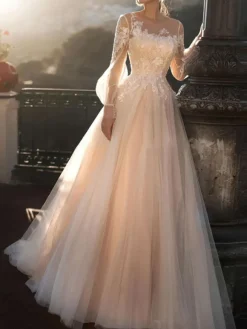 Wedding Dresses 2026 A Line Illusion Neck Long Sleeve Floor Length Tulle Pleated Bridal Dress With Train