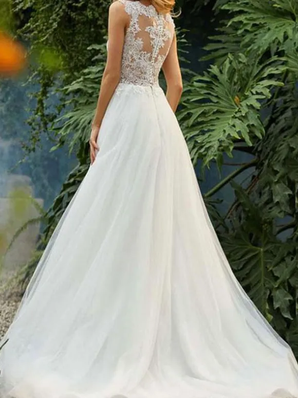 Wedding Dresses 2026 A Line Illusion Neck Sleeveless Floor Length Lace Beaded Tulle Boho Bridal Gowns