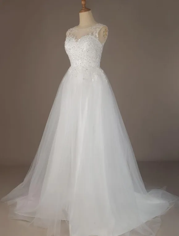 Wedding Dresses 2026 A Line Illusion Neck Sleeveless Floor Length Lace Beaded Tulle Boho Bridal Gowns