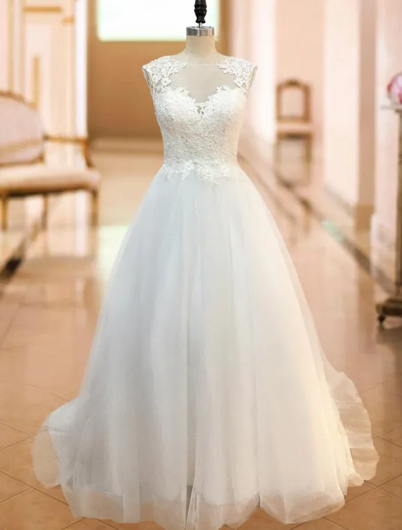 Wedding Dresses 2026 A Line Illusion Neck Sleeveless Floor Length Lace Beaded Tulle Boho Bridal Gowns