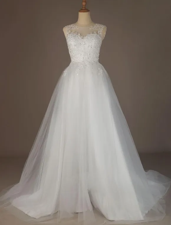 Wedding Dresses 2026 A Line Illusion Neck Sleeveless Floor Length Lace Beaded Tulle Boho Bridal Gowns