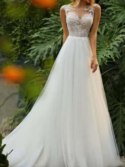 Wedding Dresses 2026 A Line Illusion Neck Sleeveless Floor Length Lace Beaded Tulle Boho Bridal Gowns