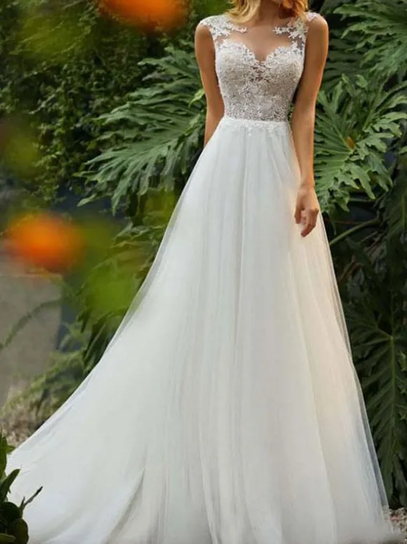 Wedding Dresses 2026 A Line Illusion Neck Sleeveless Floor Length Lace Beaded Tulle Boho Bridal Gowns