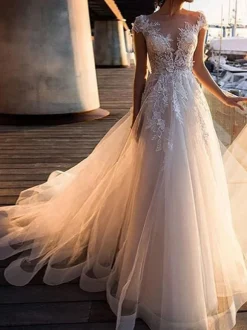 Wedding Dresses A Line Tulle V Neck Short Sleeves Lace Bridal Dresses With Train