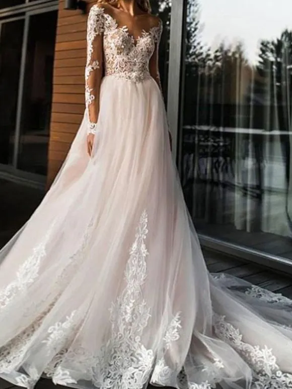 Wedding Dresses 2026 A Line V Neck Long Sleeve Lace Applique Tulle Bridal Gowns With Chapel Train