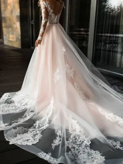Wedding Dresses 2026 A Line V Neck Long Sleeve Lace Applique Tulle Bridal Gowns With Chapel Train