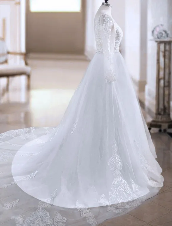 Wedding Dresses 2026 A Line V Neck Long Sleeve Lace Applique Tulle Bridal Gowns With Chapel Train