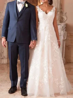 Wedding Dresses A Line V Neck Sleeveless Lace Illusion Back Bridal Gowns