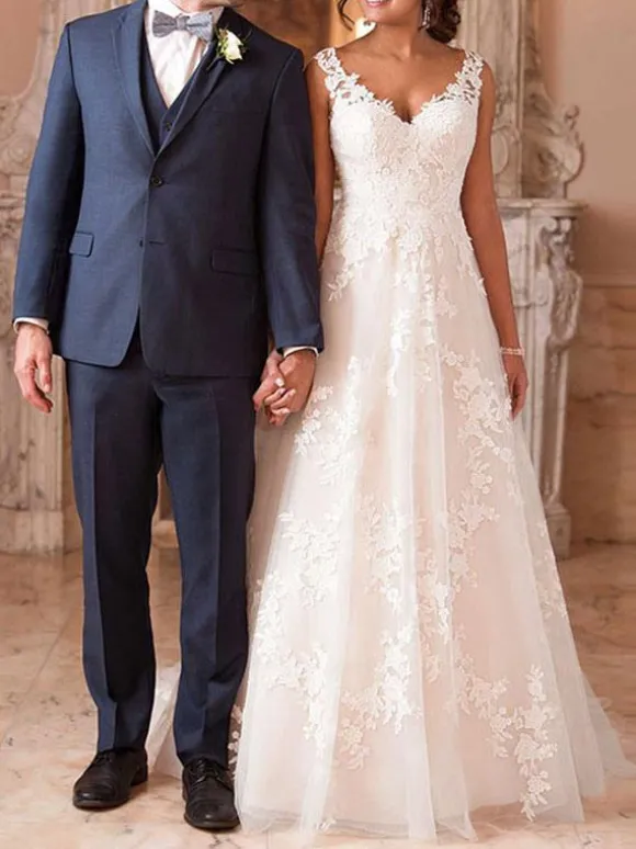 Wedding Dresses A Line V Neck Sleeveless Lace Illusion Back Bridal Gowns