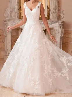 Wedding Dresses A Line V Neck Sleeveless Lace Illusion Back Bridal Gowns