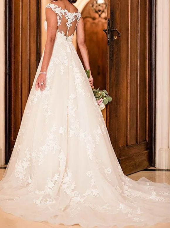 Wedding Dresses A Line V Neck Sleeveless Lace Illusion Back Bridal Gowns