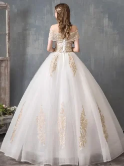 Wedding Dresses 2026 Ball Gown Off Shoulder Golden Lace Appliqued Floor Length Bridal Dress