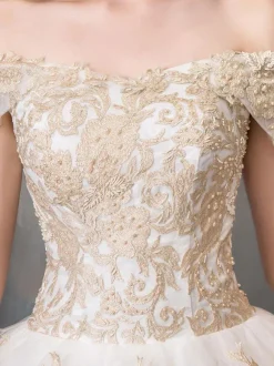 Wedding Dresses 2026 Ball Gown Off Shoulder Golden Lace Appliqued Floor Length Bridal Dress