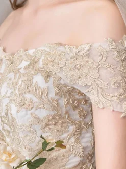 Wedding Dresses 2026 Ball Gown Off Shoulder Golden Lace Appliqued Floor Length Bridal Dress