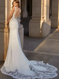 Wedding Dresses Illusion Neckline Sleeveless Natural Waist Lace With Train Bridal Dresses