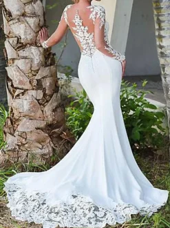 Wedding Dresses Jewel Neck Long Sleeves Lace Mermaid Bridal Dresses With Gown