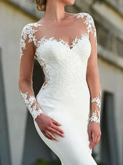 Wedding Dresses Jewel Neck Long Sleeves Lace Mermaid Bridal Dresses With Gown