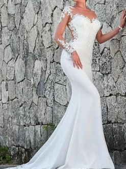 Wedding Dresses Jewel Neck Long Sleeves Lace Mermaid Bridal Dresses With Gown