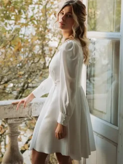 Wedding Dresses V-Neck Long Sleeves A-Line Knee-Length Bridal Dresses