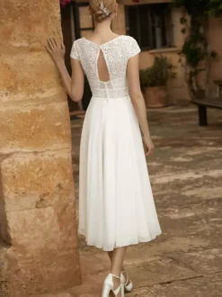 Wedding Dresses V-Neck Short Sleeves A-Line Tea-Length Bridal Gowns