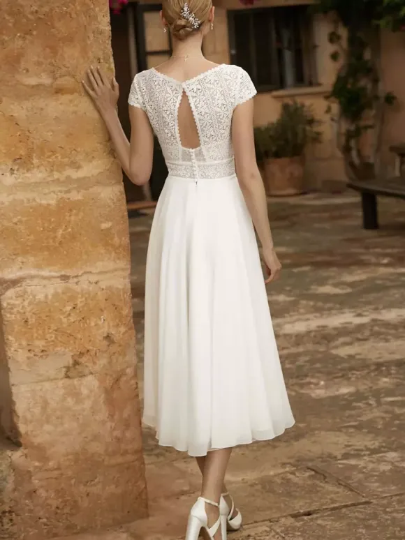 Wedding Dresses V-Neck Short Sleeves A-Line Tea-Length Bridal Gowns