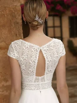 Wedding Dresses V-Neck Short Sleeves A-Line Tea-Length Bridal Gowns