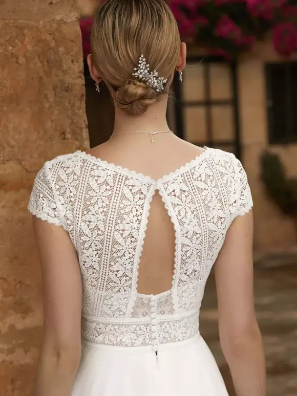 Wedding Dresses V-Neck Short Sleeves A-Line Tea-Length Bridal Gowns