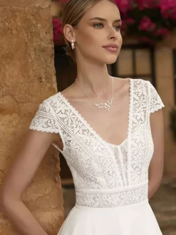Wedding Dresses V-Neck Short Sleeves A-Line Tea-Length Bridal Gowns