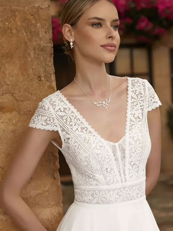 Wedding Dresses V-Neck Short Sleeves A-Line Tea-Length Bridal Gowns