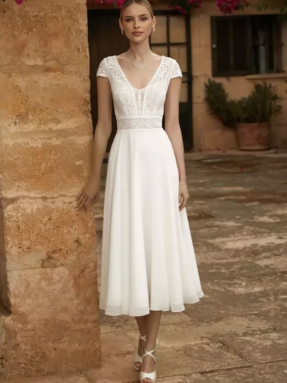 Wedding Dresses V-Neck Short Sleeves A-Line Tea-Length Bridal Gowns