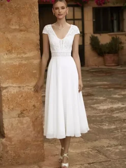 Wedding Dresses V-Neck Short Sleeves A-Line Tea-Length Bridal Gowns
