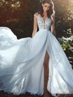 Wedding Dresses With Court Train A-Line Sleeveless Applique Illusion Neckline Bridal Gowns Free Customization
