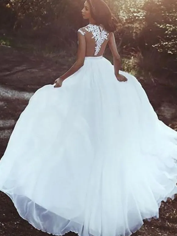 Wedding Dresses With Court Train A-Line Sleeveless Applique Illusion Neckline Bridal Gowns Free Customization