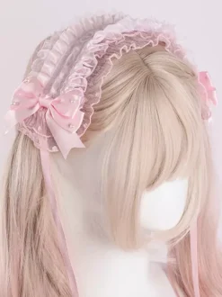 Wedding Dress Lolita Accessories Pink Bows Ruffles Headwear Lace Headband Headdress