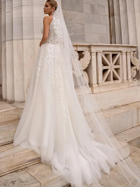 Wedding Dress Sweep A-Line Sleeveless Tulle Jewel Neck Bridal Gowns