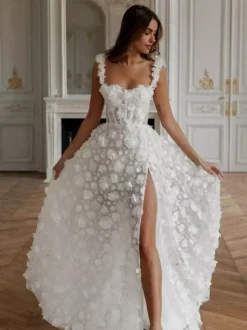 Wedding Dress Sweep A-Line Sleeveless Lace Designed Neckline Bridal Gowns