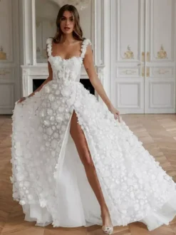 Wedding Dress Sweep A-Line Sleeveless Lace Designed Neckline Bridal Gowns