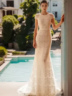 Wedding Dress Sweep Mermaid Short Sleeves Lace Jewel Neck Bridal Gowns