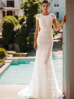 Wedding Dress Sweep Mermaid Short Sleeves Lace Jewel Neck Bridal Gowns