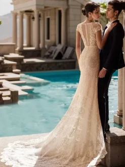 Wedding Dress Sweep Mermaid Short Sleeves Lace Jewel Neck Bridal Gowns