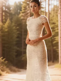 Wedding Dress Sweep Mermaid Short Sleeves Lace Jewel Neck Bridal Gowns