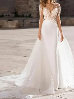 Wedding Dress V Neck Long Sleeve Sheath Floor Length Lace Beaded Bridal Gowns With Tulle Court Train