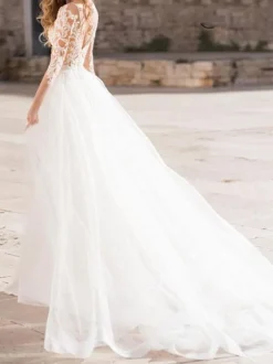 Wedding Dress V Neck Long Sleeve Sheath Floor Length Lace Beaded Bridal Gowns With Tulle Court Train