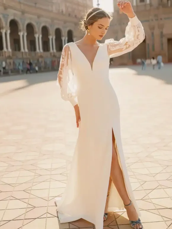 Wedding Dress With Train Ball Gown Long Sleeves Lace V-Neck Bridal Gowns