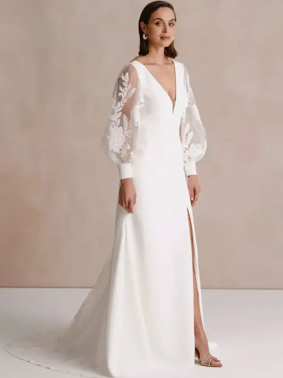 Wedding Dress With Train Ball Gown Long Sleeves Lace V-Neck Bridal Gowns