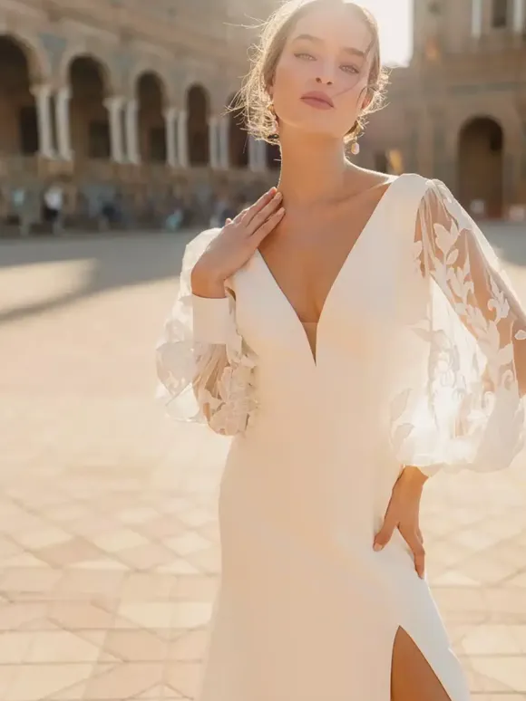 Wedding Dress With Train Ball Gown Long Sleeves Lace V-Neck Bridal Gowns