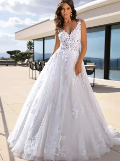 Wedding Dress With Train Princess Silhouette Sleeveless Lace V-Neck Bridal Gowns