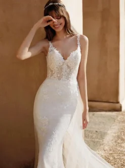 Wedding Dress With Train Sleeveless Lace V-Neck Bridal Gowns